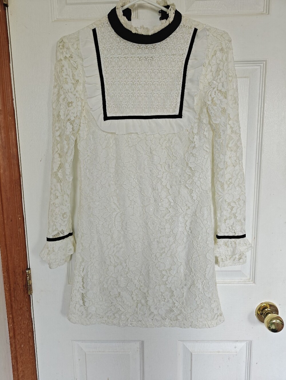 Fashion Union Ivory Lace Long Sleeve Mini Dress with Black Trim, Size 2
